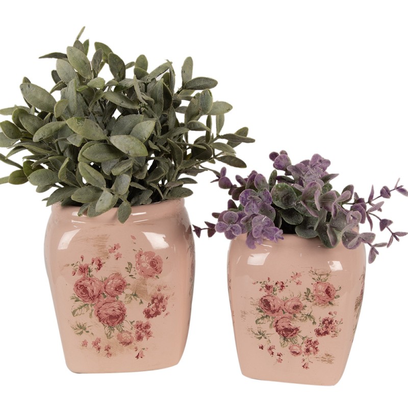 Clayre & Eef Planter 14x14x16 cm Pink Ceramic Flowers