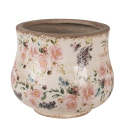 Clayre & Eef Bloempot  Ø 18x15 cm Beige Roze Keramiek Bloemen