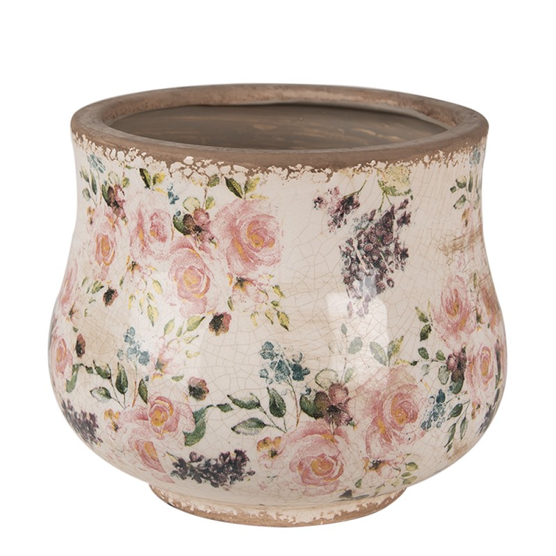 Clayre & Eef Bloempot  Ø 18x15 cm Beige Roze Keramiek Bloemen