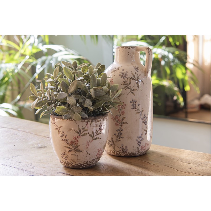 Clayre & Eef Brocca decorativa Ø 13x25 cm Beige Rosa  Ceramica Fiori