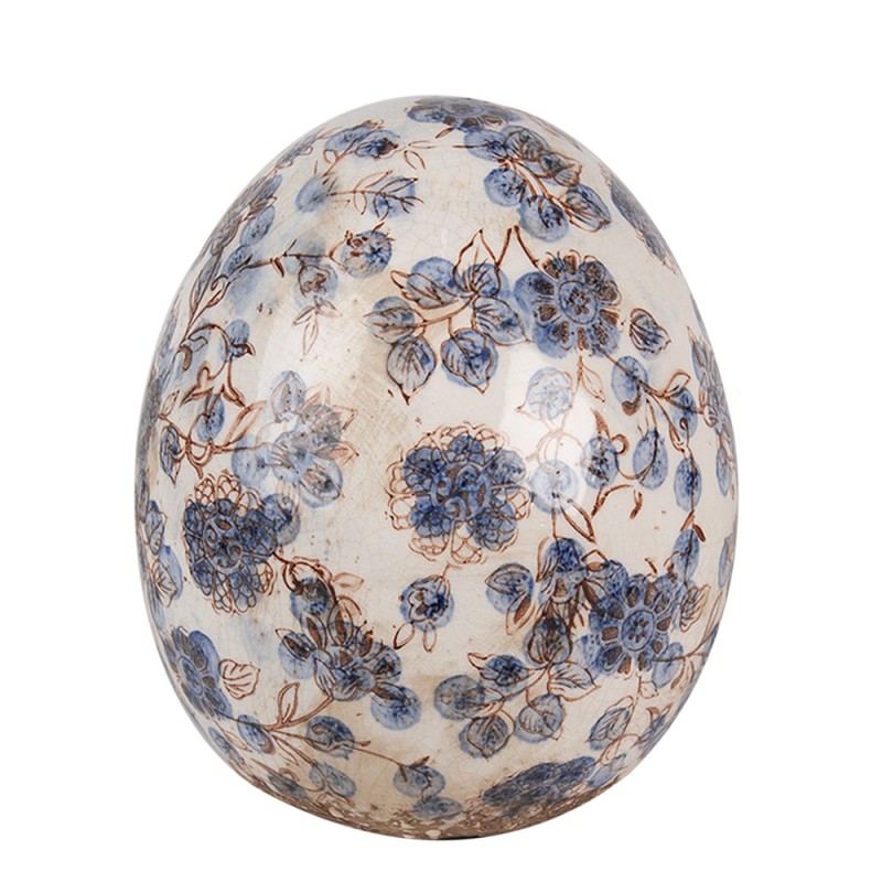 Clayre & Eef Decoration Egg Ø 14x16 cm Beige Blue Ceramic Flowers