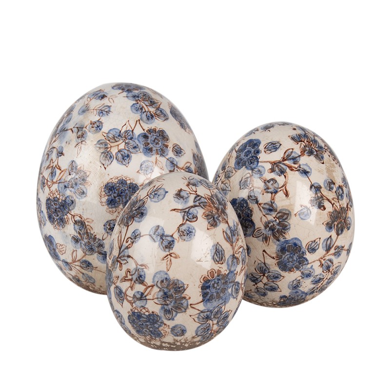 Clayre & Eef Decoration Egg Ø 14x16 cm Beige Blue Ceramic Flowers