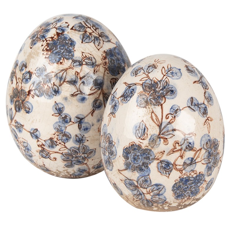 Clayre & Eef Decoration Egg Ø 11x14 cm Beige Blue Ceramic Flowers