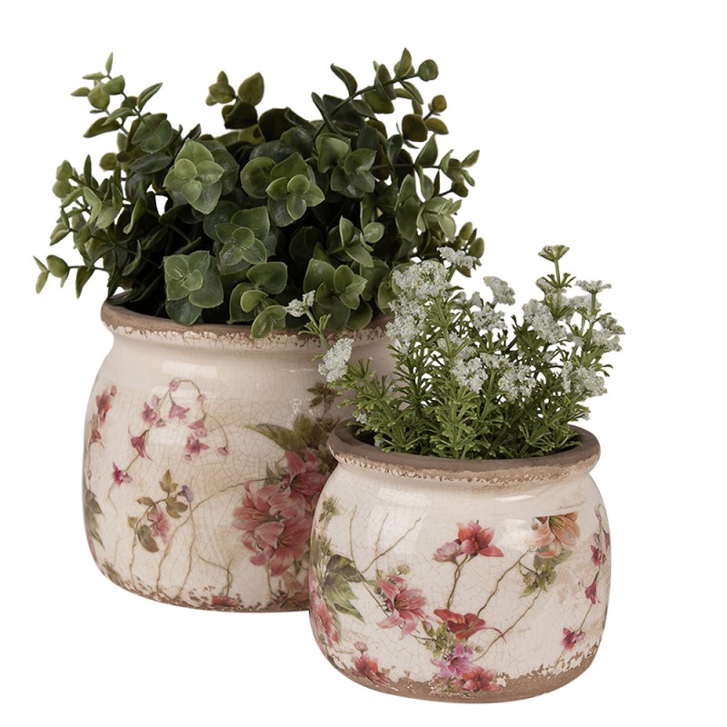 Clayre & Eef Bloempot  Ø 16x13 cm Beige Roze Keramiek Bloemen