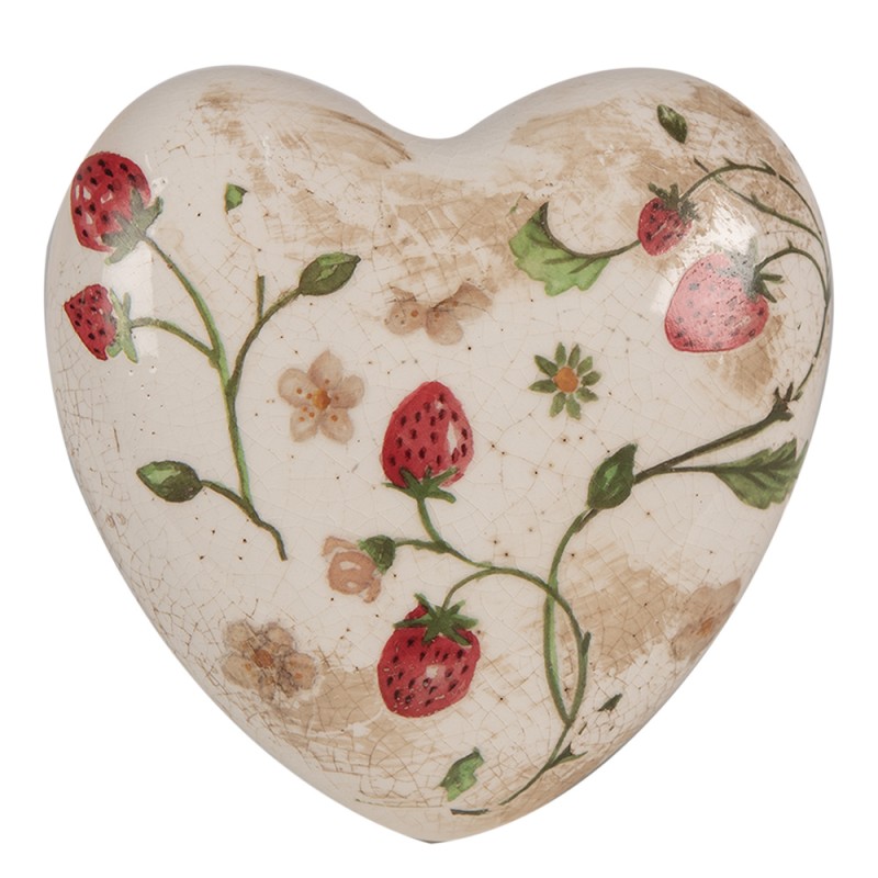 Clayre & Eef Décoration Coeur 11x11x4 cm Beige Rouge Céramique Fraises