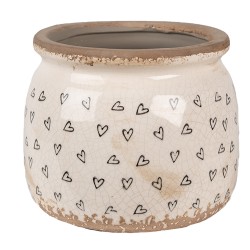 Clayre & Eef Bloempot  Ø 16x13 cm Beige Zwart Keramiek Hartjes