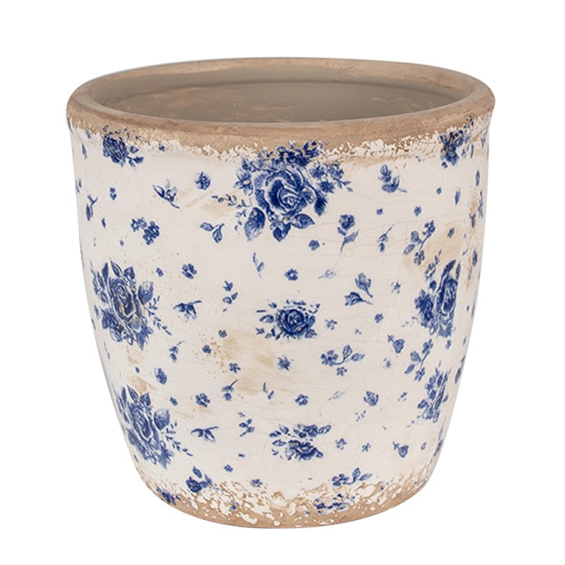 Clayre & Eef Bloempot  Ø 16x16 cm Beige Blauw Keramiek Roosjes