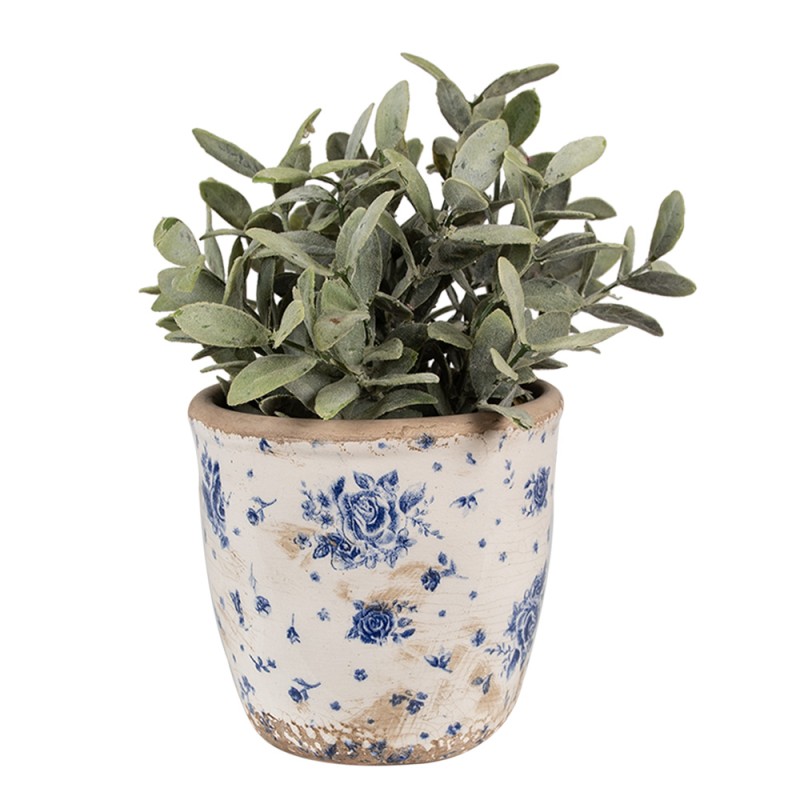 Clayre & Eef Bloempot  Ø 13x12 cm Beige Blauw Keramiek Roosjes