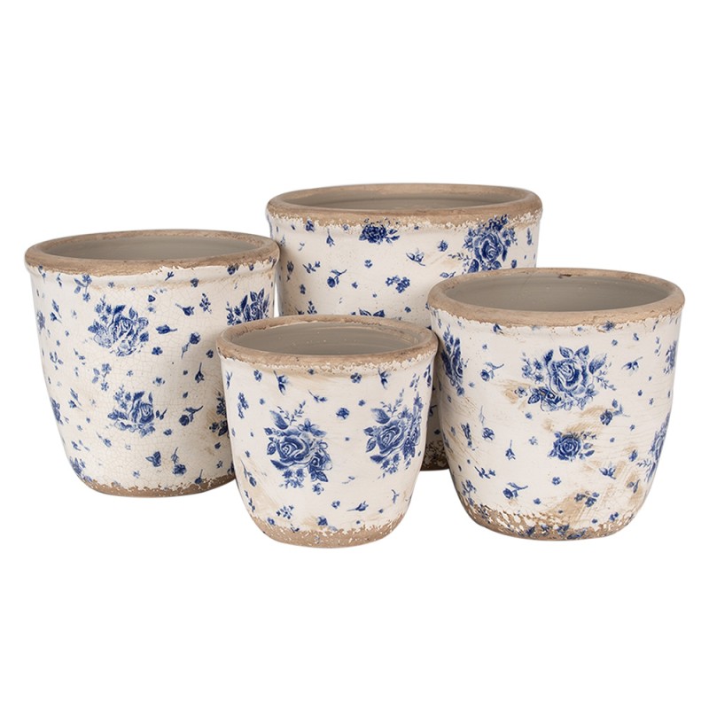 Clayre & Eef Bloempot  Ø 13x12 cm Beige Blauw Keramiek Roosjes