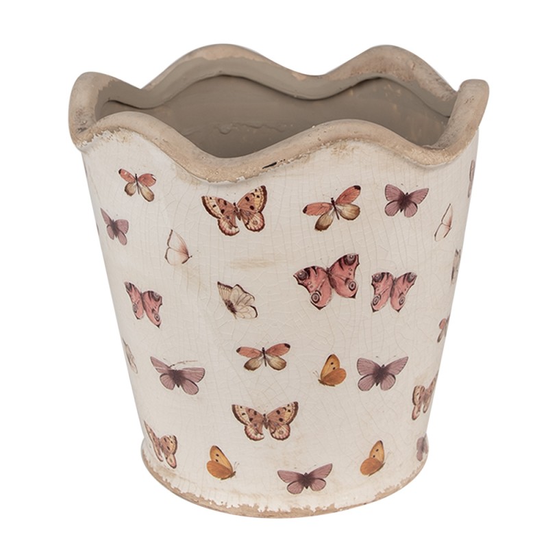 Clayre & Eef Pot de fleurs Ø 19x18 cm Beige Rose Céramique Papillons