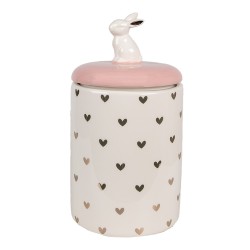 Clayre & Eef Pot de stockage Lapin Ø 13x30 cm Rose Blanc Céramique Coeurs