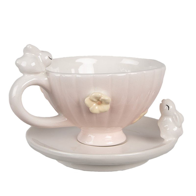 Clayre & Eef Tasse et soucoupe 200 ml Rose Céramique Lapin