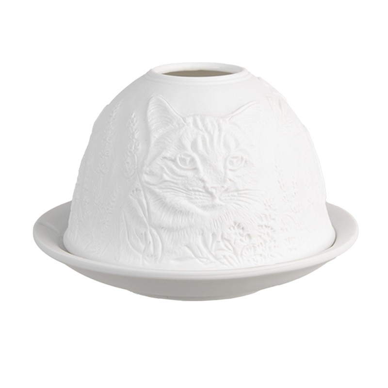 Clayre & Eef Portacandela Ø 12x8 cm Bianco Porcellana Gatto