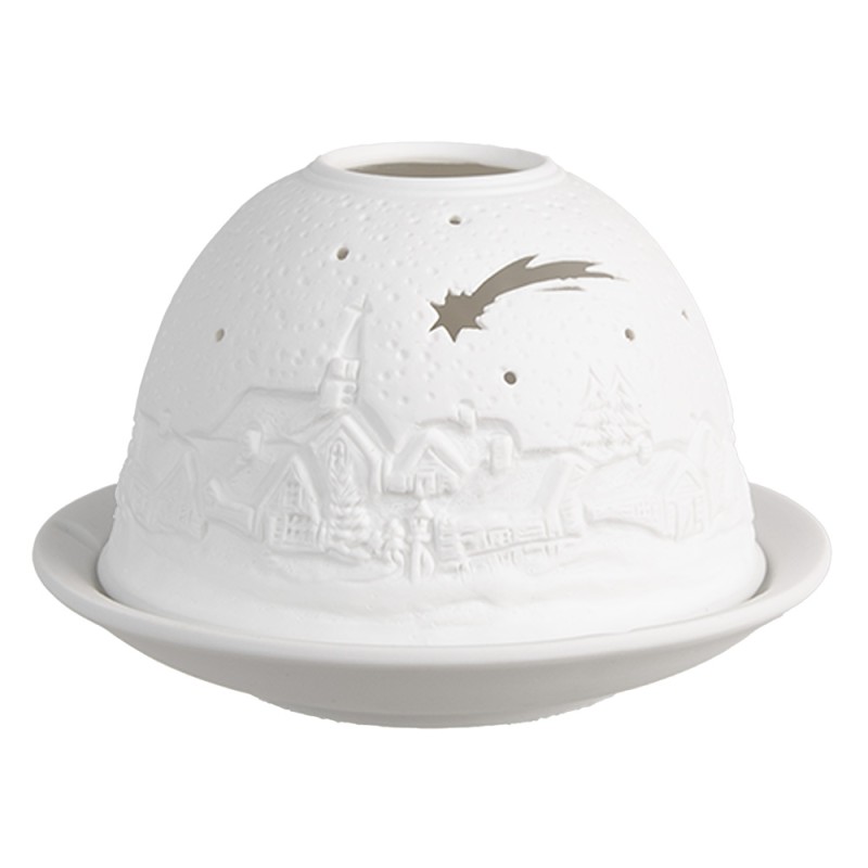 Clayre & Eef Portacandela Ø 12x8 cm Bianco Porcellana Inverno