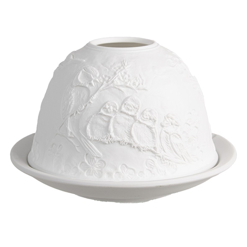 Clayre & Eef Portacandela Ø 12x8 cm Bianco Porcellana Uccelli sui rami