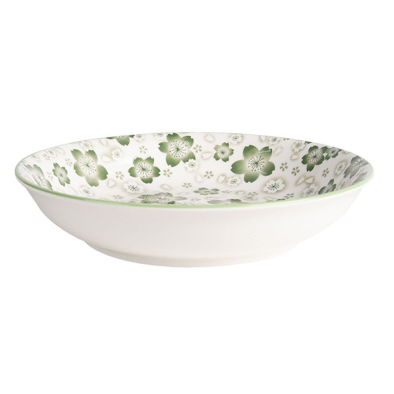 Clayre & Eef Piatto da zuppa Ø 20x4 cm Verde Bianco  Ceramica Rotondo Fiori