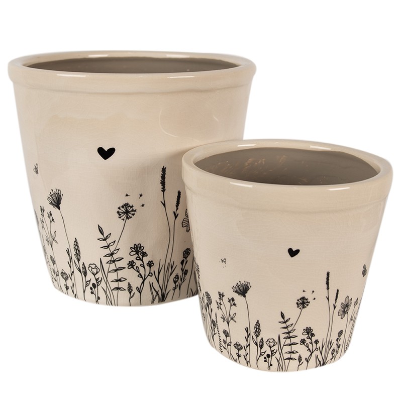 Clayre & Eef Pot de fleurs Ø 15x14 cm Beige Noir Céramique Fleurs