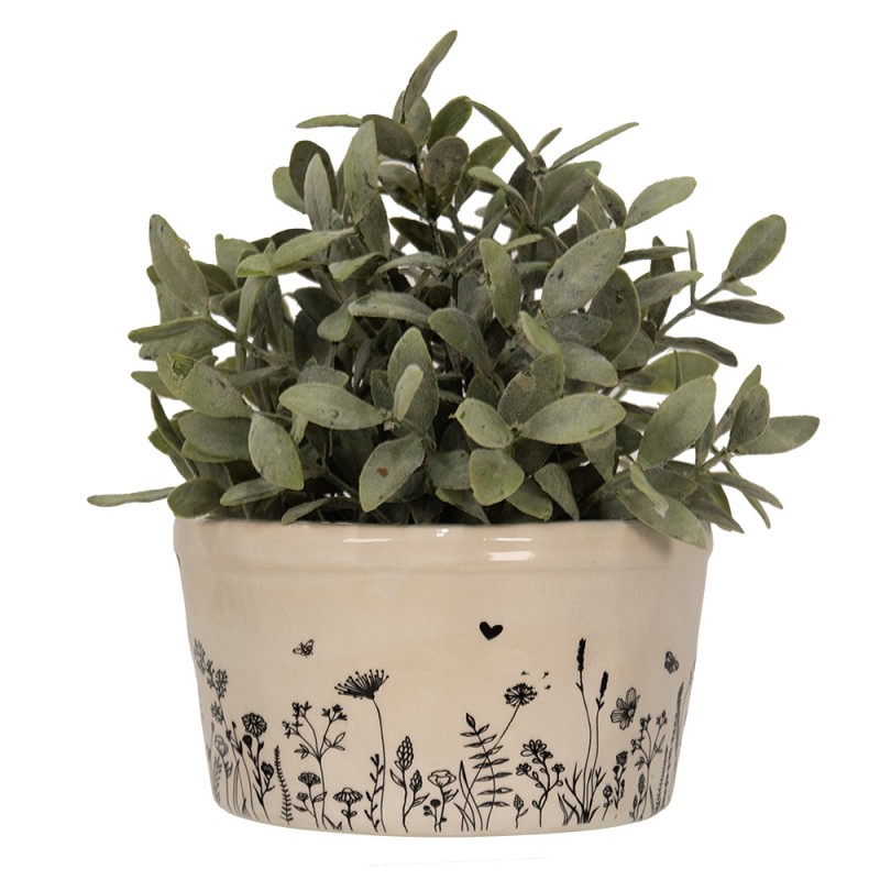 Clayre & Eef Pot de fleurs Ø 16x9 cm Beige Noir Céramique Fleurs