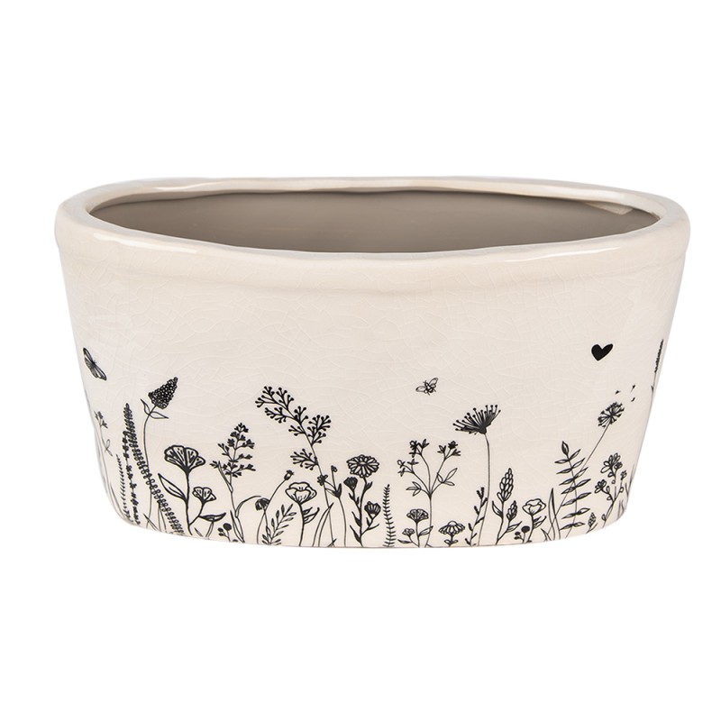 Clayre & Eef Bloempot  27x13x14 cm Beige Zwart Keramiek Ovaal Bloemen