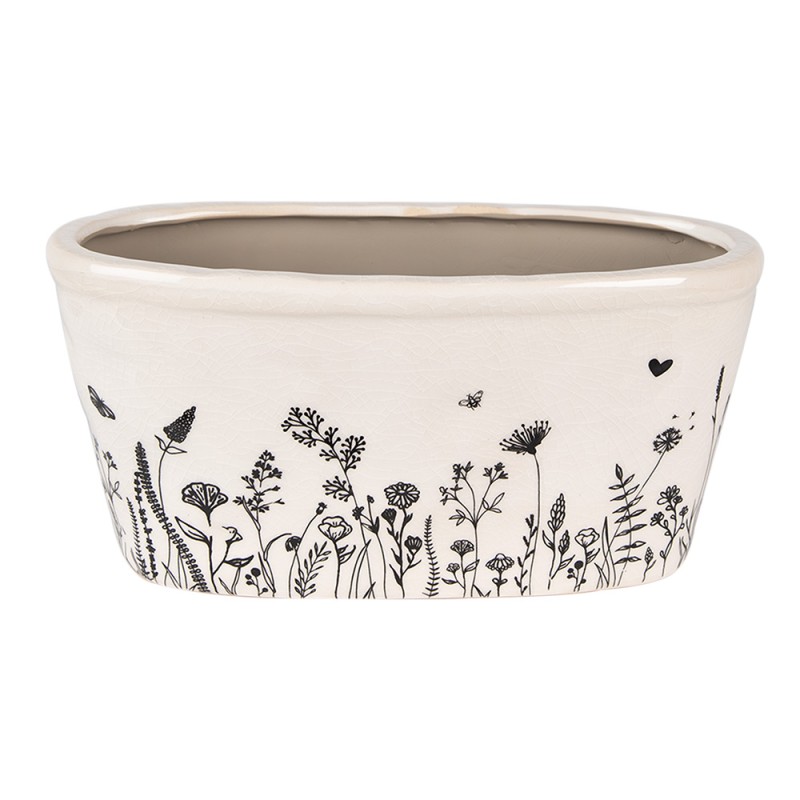 Clayre & Eef Pot de fleurs 23x11x11 cm Beige Noir Céramique Ovale Fleurs