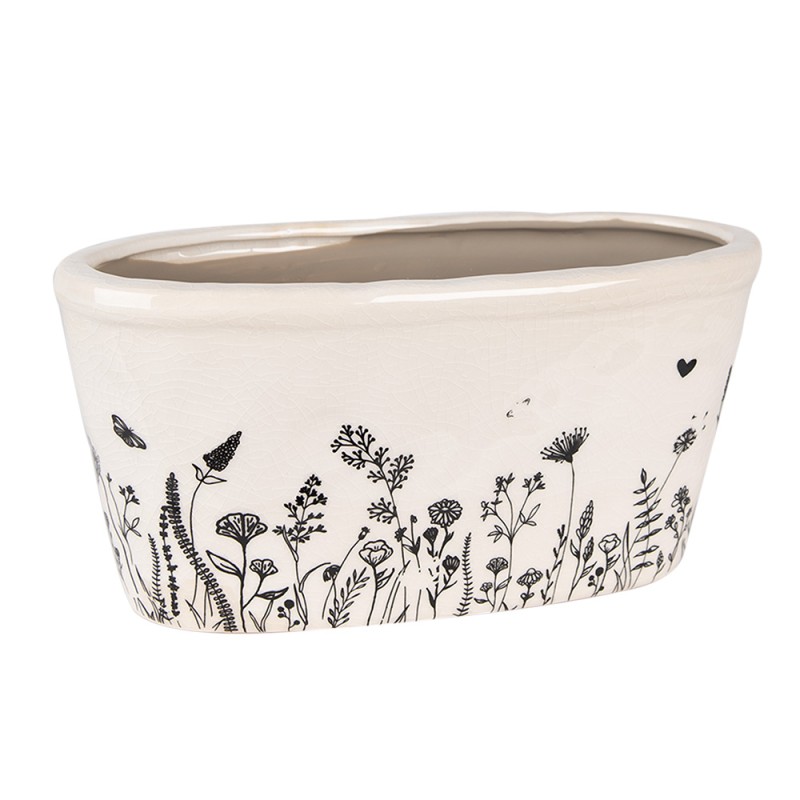 Clayre & Eef Pot de fleurs 23x11x11 cm Beige Noir Céramique Ovale Fleurs