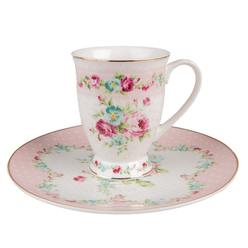 Clayre & Eef Mug 300 ml White Pink Porcelain Flowers