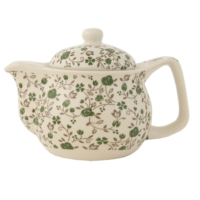 Clayre & Eef Teapot with Infuser 400 ml Green Ceramic Round Flowers