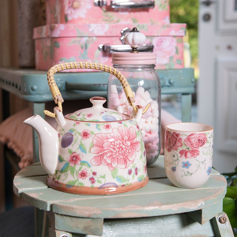 Clayre & Eef Teapot with Infuser 700 ml Beige Pink Ceramic Round Flowers