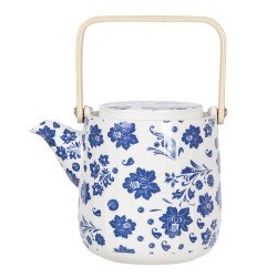 Clayre & Eef Theepot  800 ml Blauw Wit Porselein Rond Bloemen