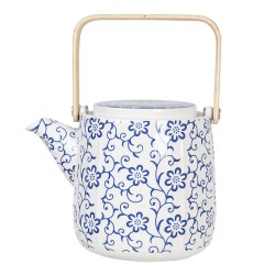 Clayre & Eef Théière 800 ml Bleu Blanc Porcelaine Rond Fleurs