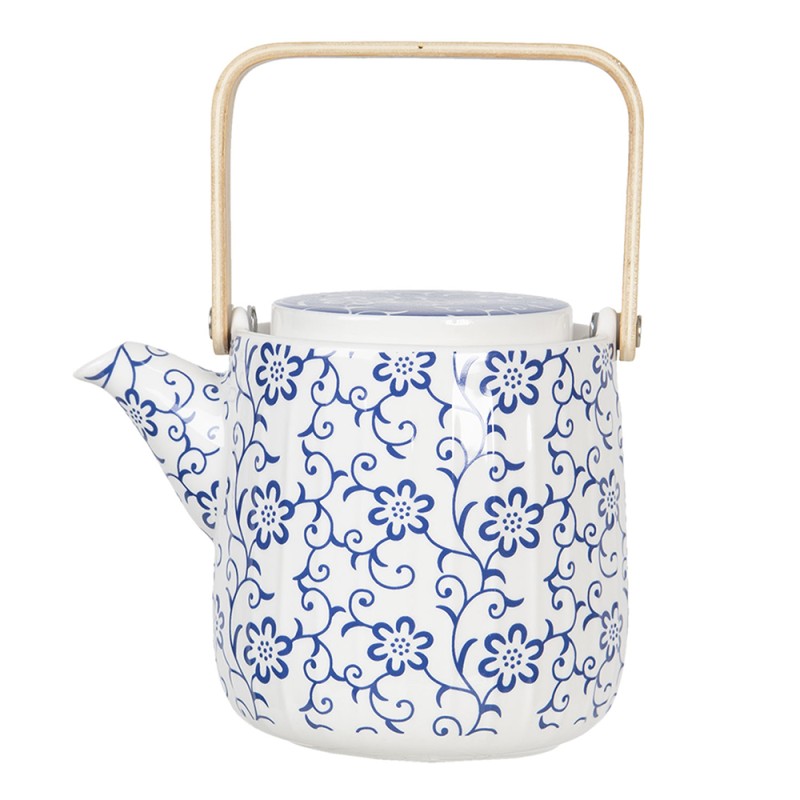 Clayre & Eef Theepot  800 ml Blauw Wit Porselein Rond Bloemen