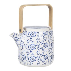 Clayre & Eef Theepot  800 ml Blauw Wit Porselein Rond Bloemen