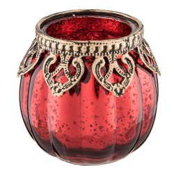 Clayre & Eef Tealight Holder Ø 8x8 cm Red Gold colored Glass Metal