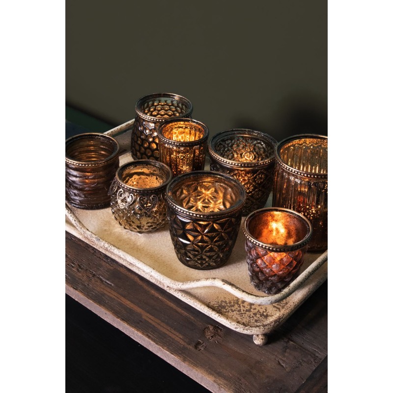 Clayre & Eef Tealight Holder Ø 9x9 cm Brown Glass Metal Flowers