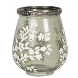 Clayre & Eef Porte-bougie Ø 9x11 cm Vert Blanc Verre Métal Fleurs