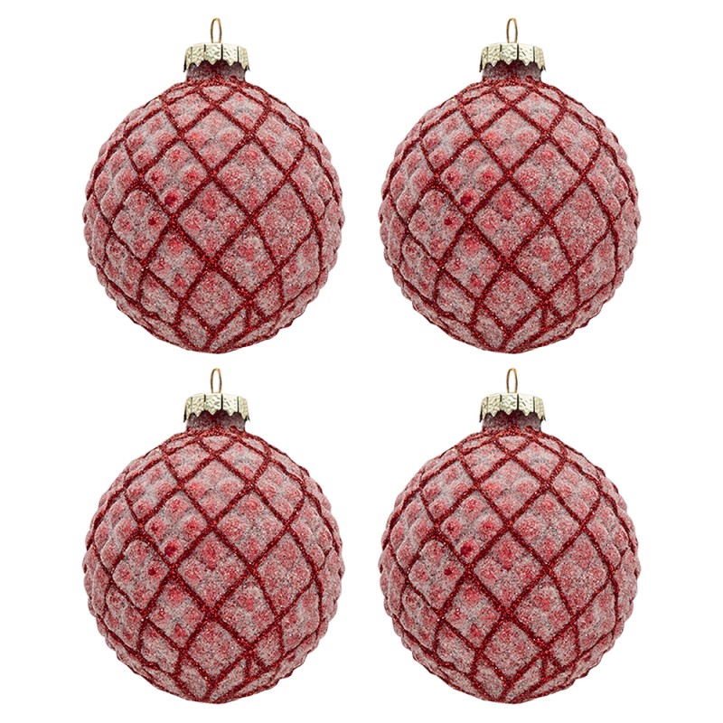 Clayre & Eef Christmas Bauble Set of 4 Ø 8 cm Red Glass Round