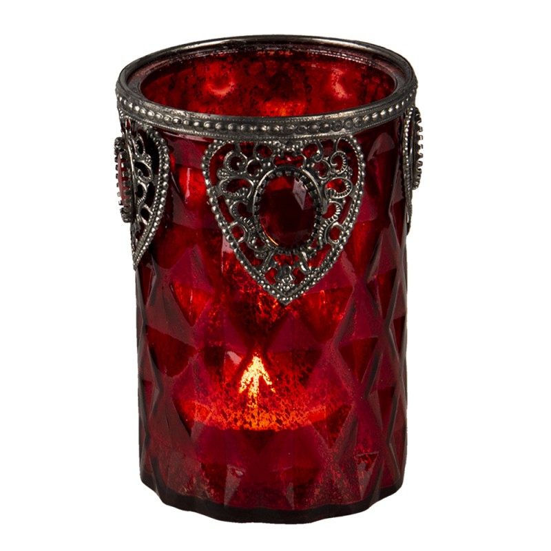 Clayre & Eef Tealight Holder Ø 9x14 cm Red Glass Metal Round