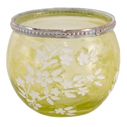 Clayre & Eef Porte-bougie Ø 10x9 cm Vert Blanc Verre Métal Rond Fleurs