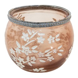 Clayre & Eef Porte-bougie Ø 10x8 cm Marron Blanc Verre Métal Rond Fleurs