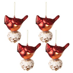 Clayre & Eef Kerstbal Set van 4 Vogel 11x6x11 cm Rood Wit Glas