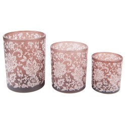 Clayre & Eef Teelichthalter 3er Set Braun Weiß Glas Rund Blumen