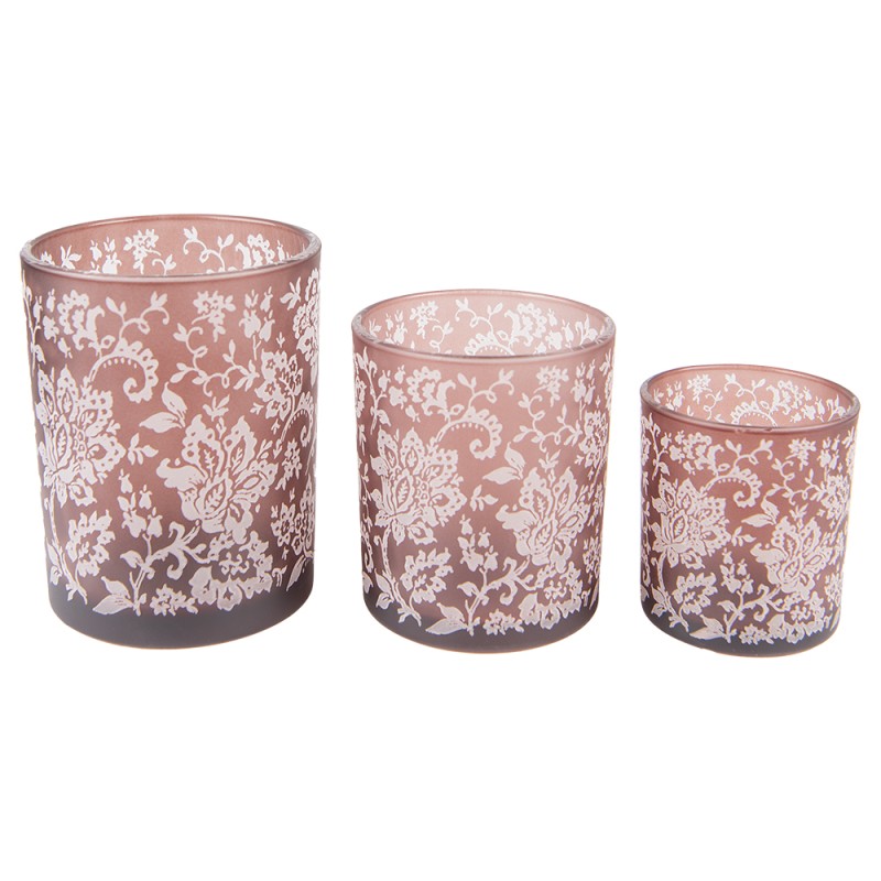 Clayre & Eef Tealight Holder Set of 3 Brown White Glass Round Flowers