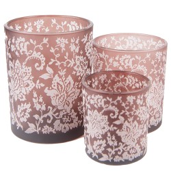 Clayre & Eef Porte-bougie set de 3 Marron Blanc Verre Rond Fleurs