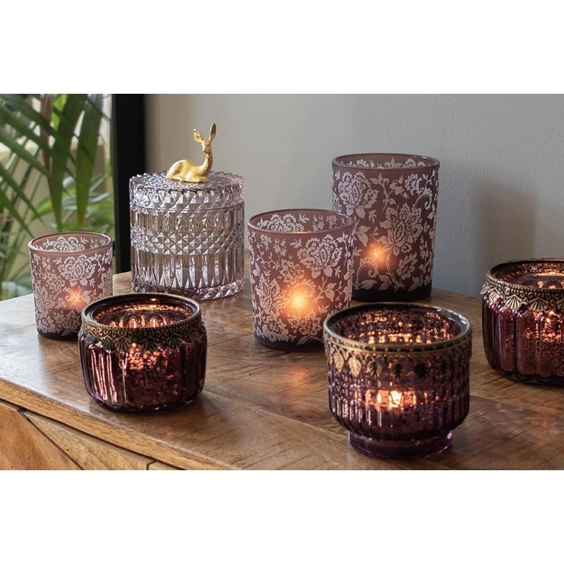 Clayre & Eef Tealight Holder Set of 3 Brown White Glass Round Flowers