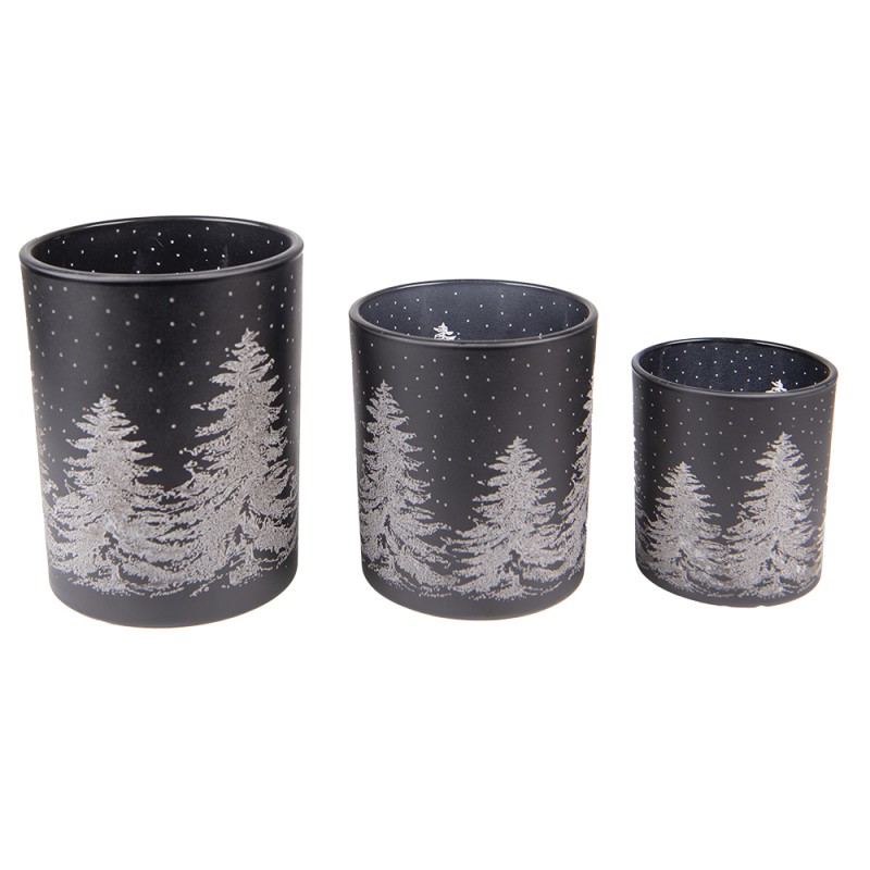 Clayre & Eef Tealight Holder Set of 3 Black Glass Round Pine Trees