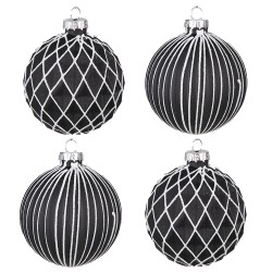 Clayre & Eef Christmas Bauble Set of 4 Ø 8 cm Black White Glass