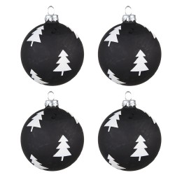 Clayre & Eef Kerstbal Set van 4  Ø 8 cm Zwart Wit Glas Kerstbomen