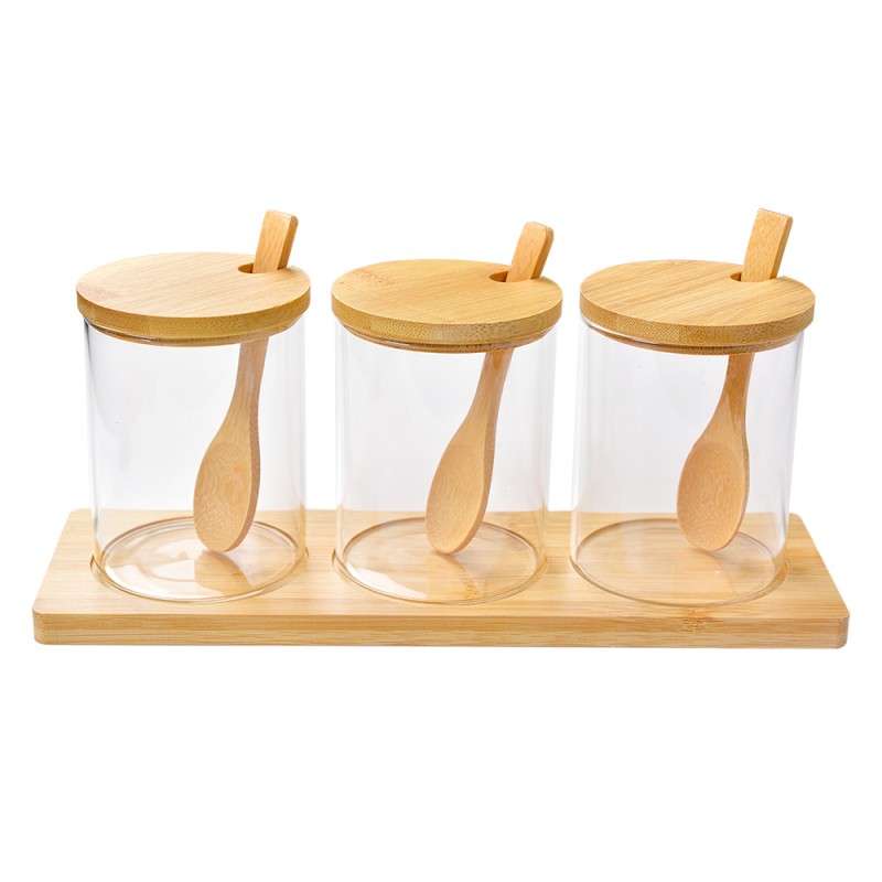 Clayre & Eef Couvercle de pot de stockage set de 3 Ø 8x10 cm Transparent Verre Bois