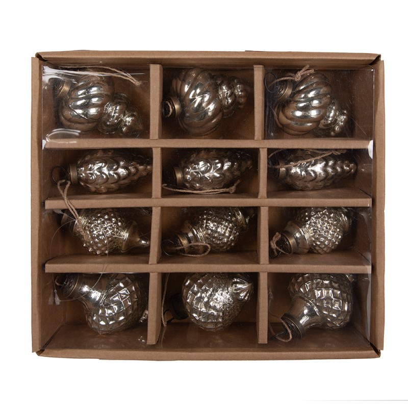 Clayre & Eef Kerstbal Set van 12 Ø 6/5/4 cm Zilverkleurig Glas