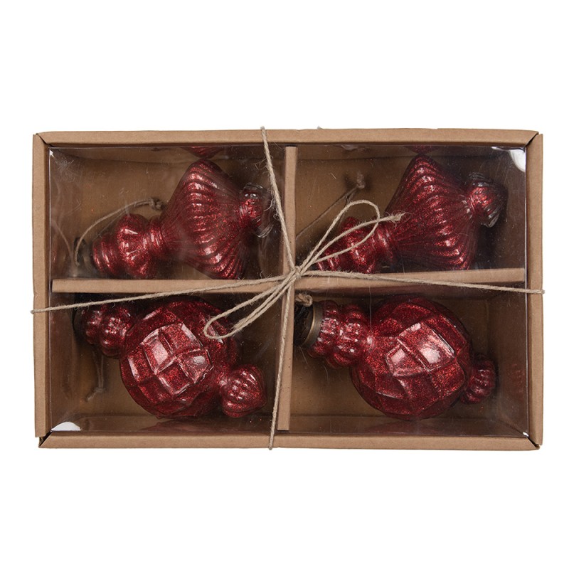 Clayre & Eef Boule de Noël set de 4  Ø 8x15 cm Rouge Verre